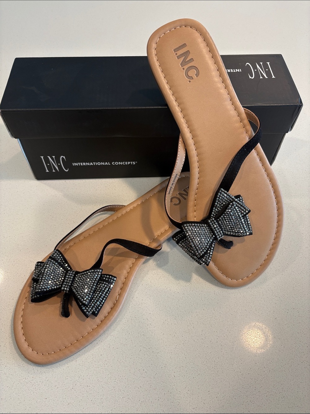 INC International Concepts Tan Footbed Black Bow Rhinestone Sandals